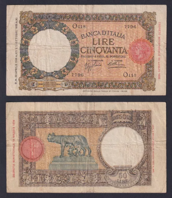 Italia 50 Liras Laufenberg 1936P 54a BB Vf- B-01