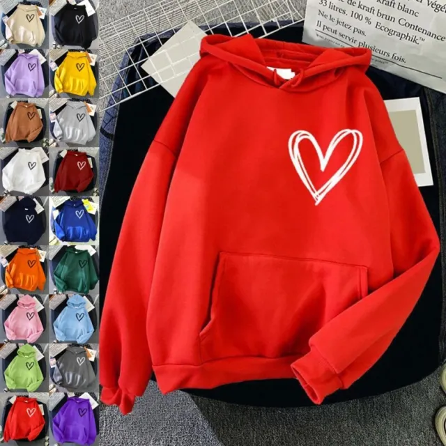 Womens Heart Print Hoodie Tops Ladies Casual Baggy Long Sleeve Hooded Sweatshirt