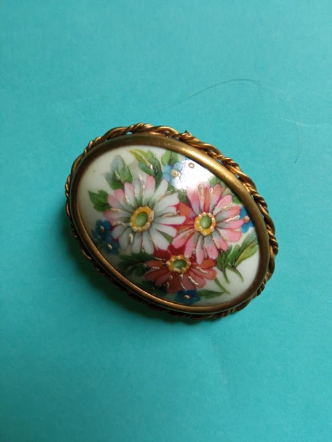 Broche design floral époque Art Déco en laiton et verre