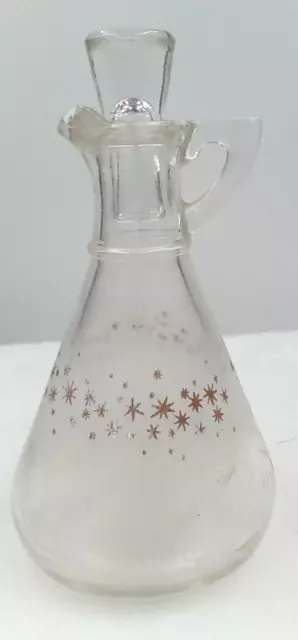 Hazel Atlas Glass Cruet Frosted Gold Stars Handle Stopper Oil Vinegar 6" Vintage