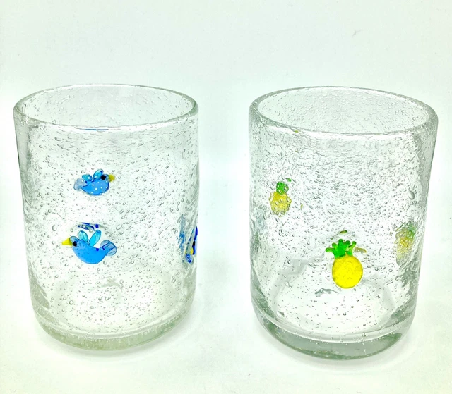 Hand Blown Glass Tumblers Fused Glass Fish Pineapple With Bubbles Set Of Two