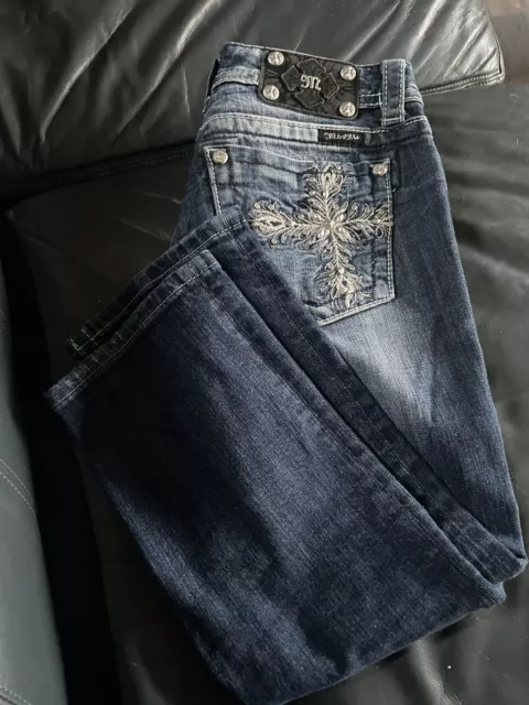 Miss Me Jeans Size 27 Capri Blue Mid Rise Cross Rhinestones