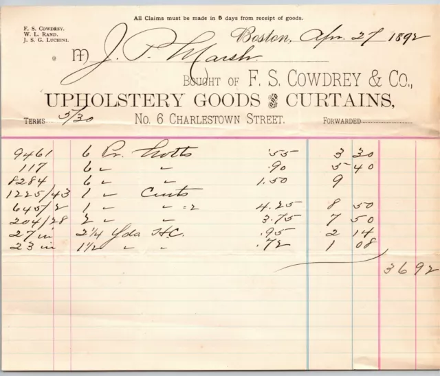 Boston, MA F.S. Cowdrey & Co. Upholstery 1892 Billhead JP Marsh Bethel, VT