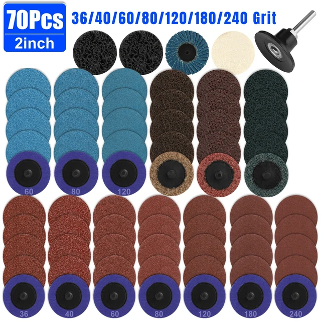 70Pcs 2" Roll Lock Sanding Discs Set w/1/4" Holder Die Grinder Quick Change Disc