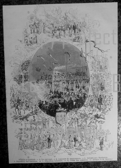 FETE D'AMIENS CARROUSEL RETRAITE FLAMBEAUX ORPHEON gravure 1875 antique print