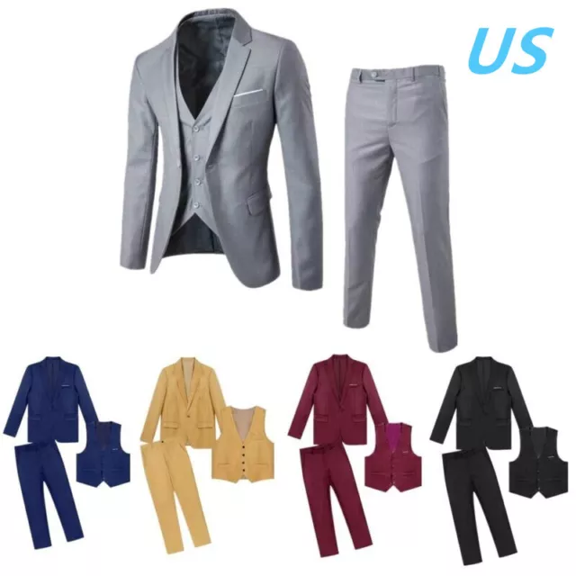 US Mens 3Pcs Formal Suit Long Sleeve Blazer Vest with Pants Set Business Suit