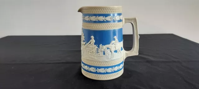 Vintage Copeland Blue And White Relief Hunting Scene Jug