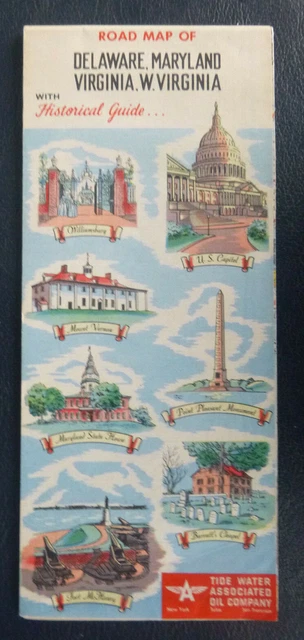1951 Delaware Maryland Virginia West Virginia road map Flying A  Tydol oil gas