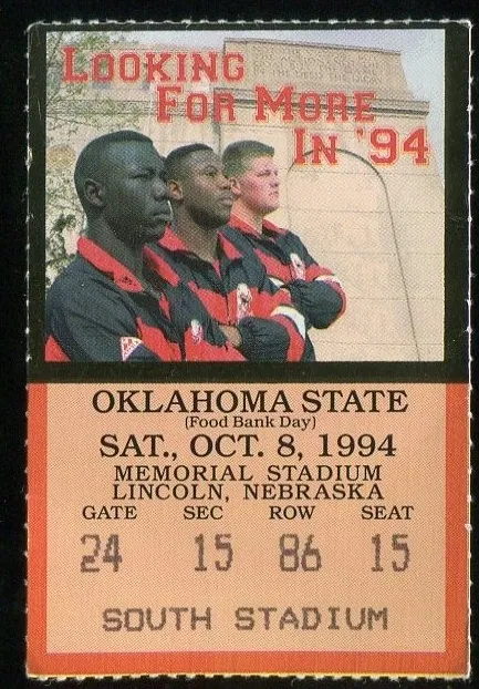 Ticket College Football NCAA Nebraska Cornhuskers 1994 Oklahoma State 10/8