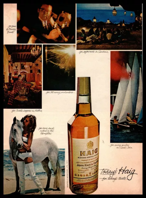 1966 Haig Scotch Girl In Bikini Horse Riding In The Hamptons Vintage Print Ad