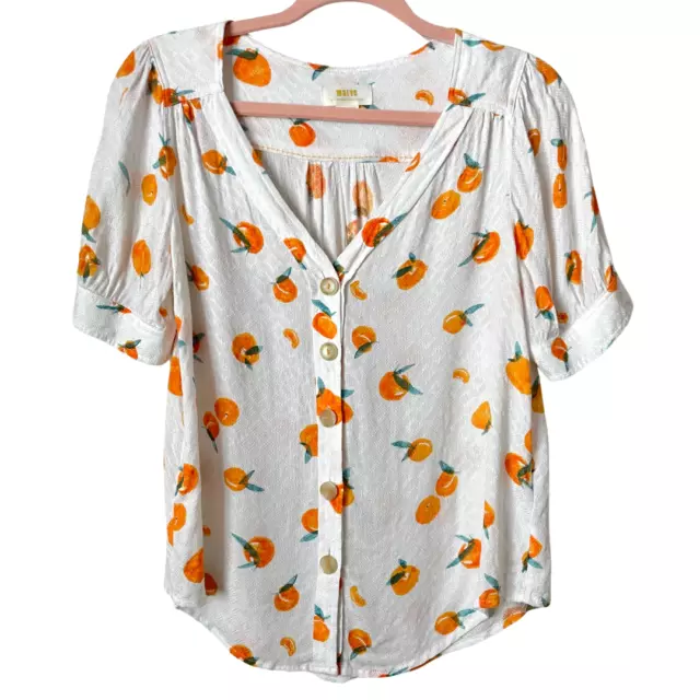 Anthropologie Maeve Top Womens Size 2 White Tangerine Fruit Print Button Up