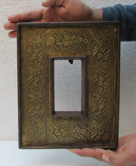 Old Hand Crafted Wooden Brass Fitted Unique Shape Picture Photo Frame