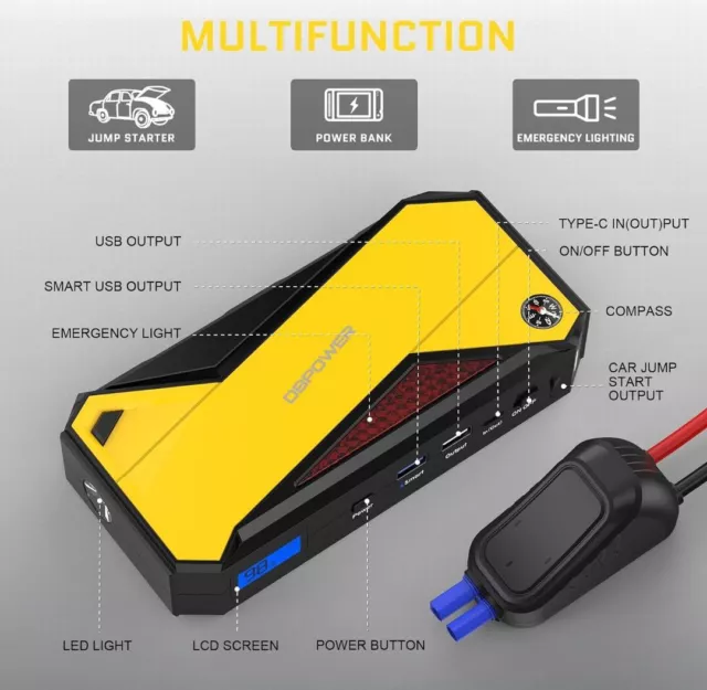 AVVIATORE JUMP STARTER  PORTATILE PER AUTO 18000mAh  POWER BANK DISPLY TORCIA 2