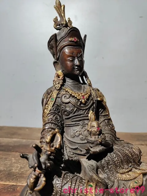 12" old Tibet Buddhism temple bronze Gilt Padmasambhava Guru Rinpoche statue 3