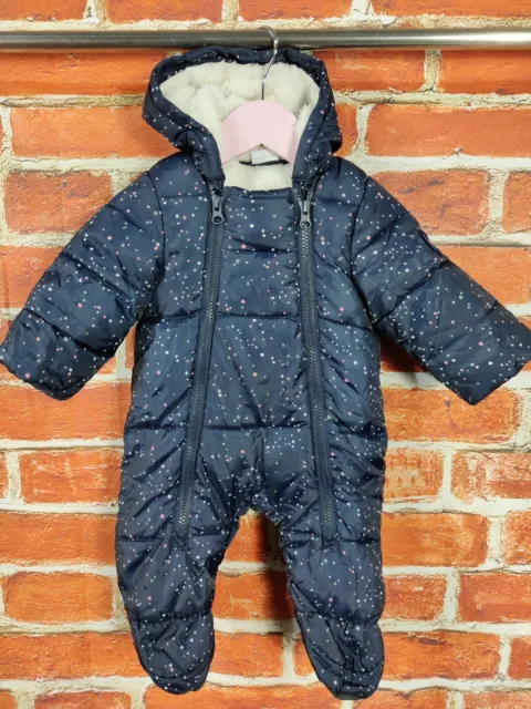 Baby Girl Polarn O.pyret Navy Padded Snowsuit Pramsuit Age 1-2 Months Warm 56Cm