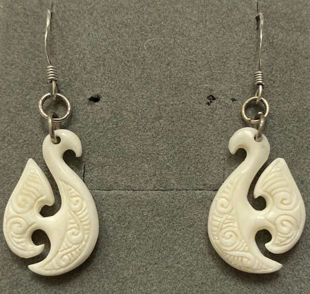 vintage, Hei Matau, Hand Carved, Drop Earrings