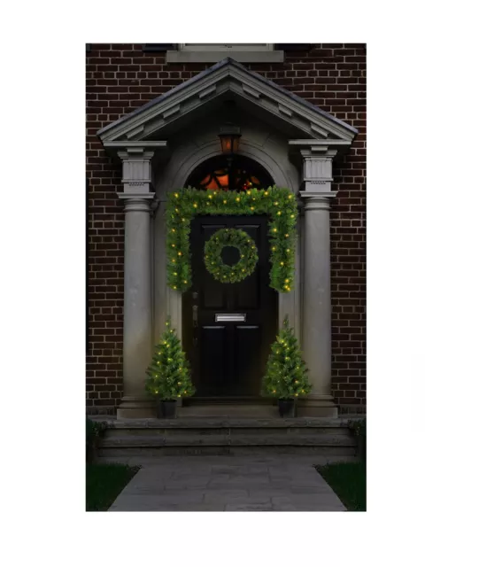 Christmas Door Porch Decoration Set Pre Lit Pine Wreath Garland & Trees On Timer