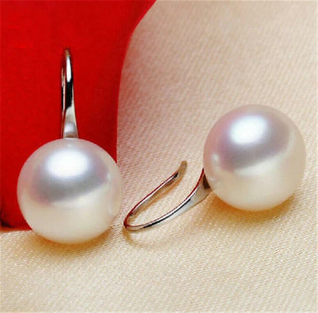Elegant Women White Ear Pearl 1 Earring Pair Crystal Lady Silver Stud Rhinestone