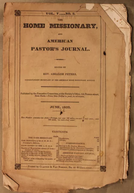 Original June 1832 The Home Missionary and American Pastor’s Journal Magazine