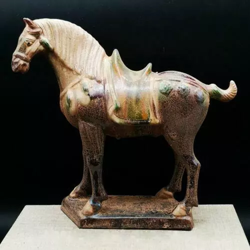 8.3" Collect Chinese Ceramics Tang Sancai Pottery Zodiac Animal War-horse Statue