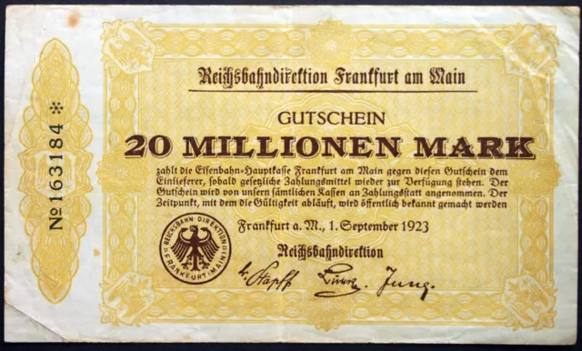 FRANKFURT 1923 20 Million Mark Reichsbahn Railroad Inflation Notgeld Banknote