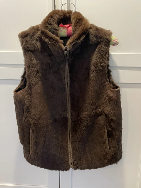 Theory Brown Rabbit Fur Full Zip Sleeveless Vest Women’s Sz L