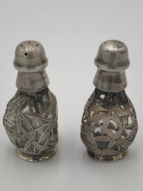 Vintage Chinese Bamboo Salt & Pepper Shakers, Sterling Silver 950, Pinched Glass