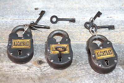 3 Alcatraz Cast Iron Locks & Keys Antique Finish FULL SIZE FUNCTIONAL Metal 4x4"