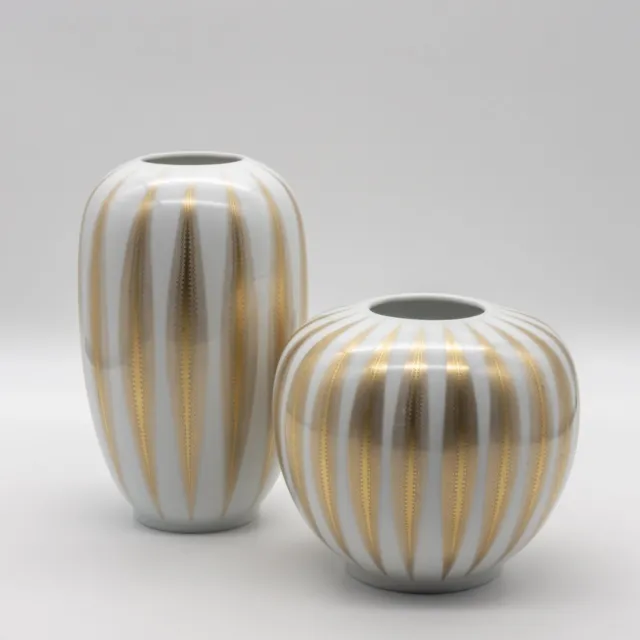 Vintage Hutchenreuther Mid-Century Modern Porcelain Gold Vase Duo Regency Retro