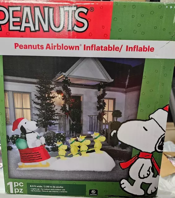 Gemmy 8.5ft Long Snoopy in Dogbowl Sleigh w/ Woodstock Christmas Inflatable