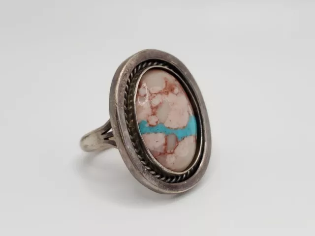 Vintage Navajo Running Bear Sterling Silver Pink & Blue Turquoise Ring Size 8