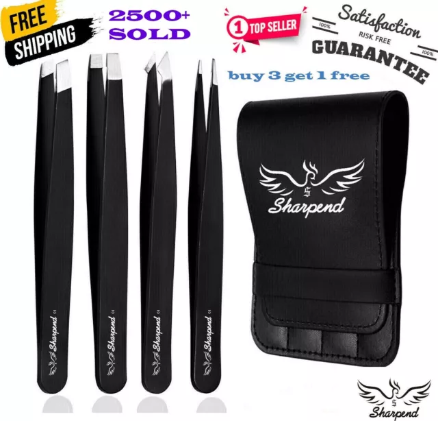 SHARPEND Tweezers Set 4-Piece Professional Stainless Eyebrow Hair Pluckers +Case