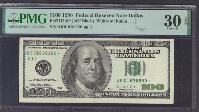 1996 $100 *STAR* Dallas Federal Reserve Note PMG 30 EPQ Low print $100*