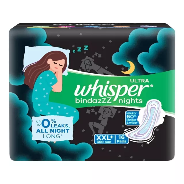 Whisper Bindazzz Night Sanitary Pads|Pack of 16 thin Pads|XXL+|upto 0% Leaks