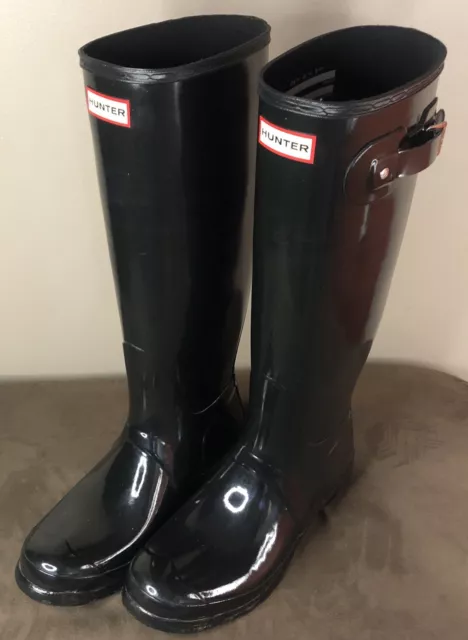 HUNTER Original Tall Gloss Black Buckle Rubber Rain Boots Women's Size 10