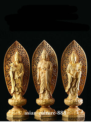 3 PCS Chinese Boxwood Wood Hand carving Buddha with Lotus base figure statue Set