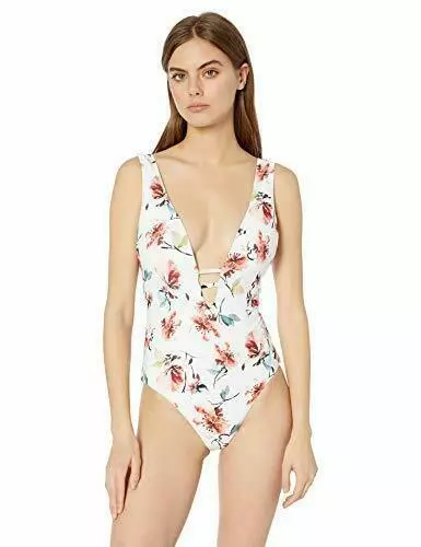 Lucky Brand Junior Large White Floral Plunge 1-Piece Swimsuit NWT L