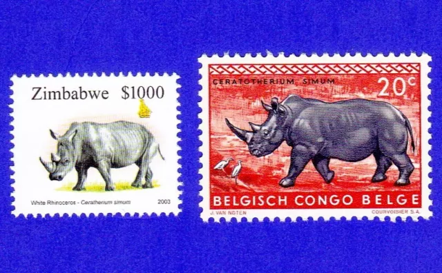 Sellos Rinoceronte Blanco 1960 Y 2003 África Zimbabwe Belga Congo Nuevo Sin Montar O Nunca Montado