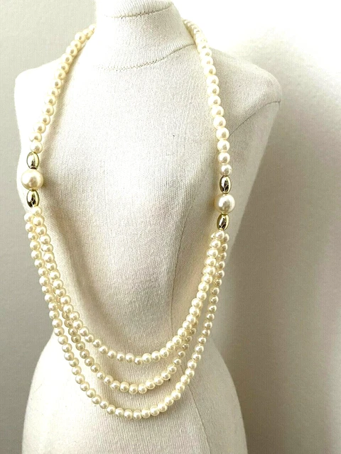 Collier Sautoir Perles Translucides Argenté Vintage 3485 - Occasion, état Parfait