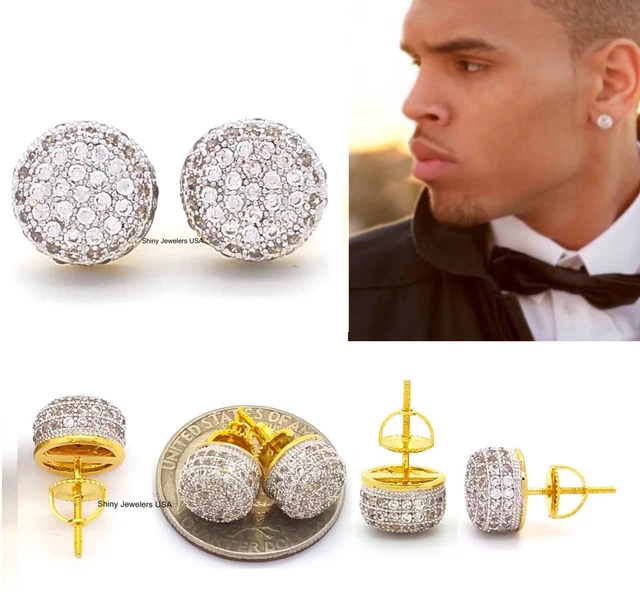 Mens 18K Yellow Gold Filled Lab Diamond Screw Back Hip Hop Stud Earrings