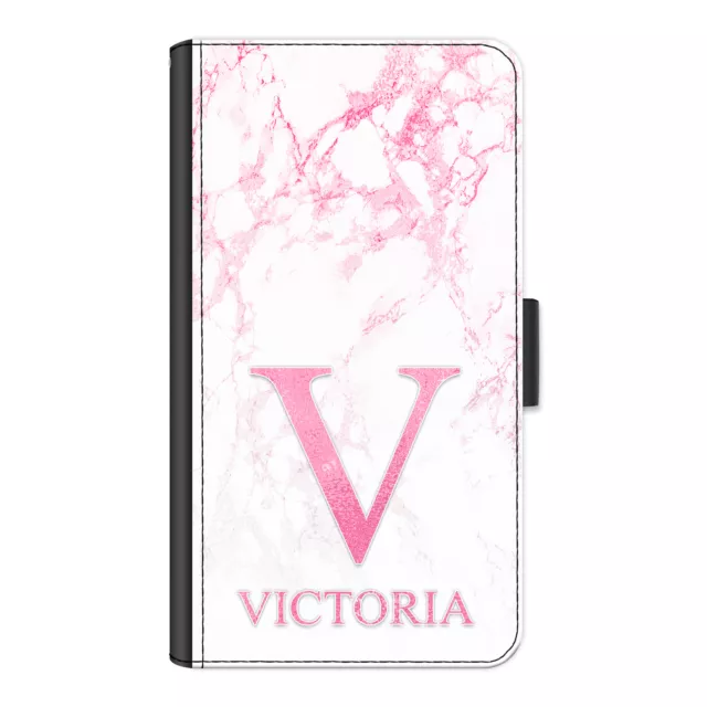 Personnalisé Initiale Téléphone Étui ; Nom Rose & Marbre Blanc Cuir PU