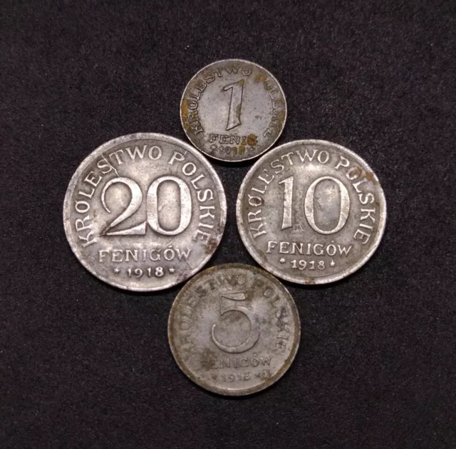 Poland Lot Of 4 Iron Coins 1 5 10 20 Fenigow 1918 Good Condition Lot (50)