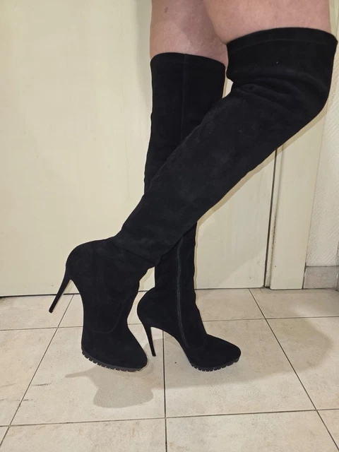 Bottes Cuissardes En Daim Noir Taille 38 - Made In Italy, Neuves Avec Emballage, Plateforme