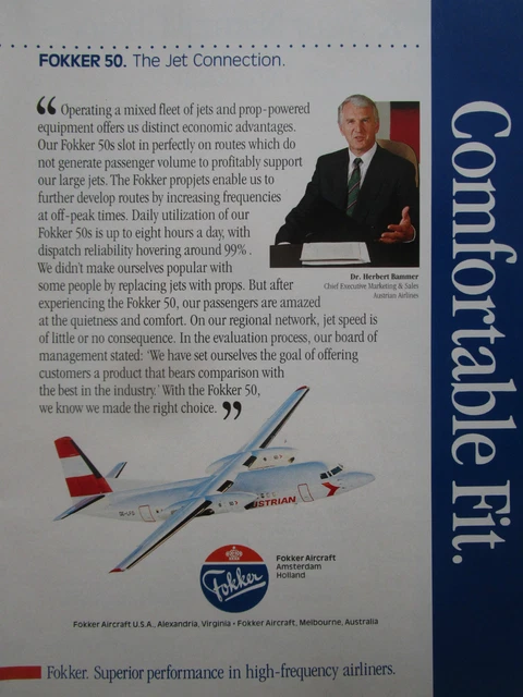 8/1990 Pub Fokker 50 Airliner Austrian Airlines Herbert Bammer Original Ad