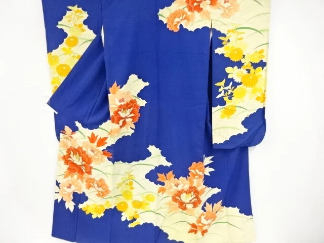 03238# Japanese Kimono / Antique Furisode / Embroidery / Chrysanthemum & Peo