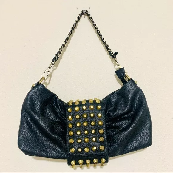 NILA ANTHONY black pebbled leather studded shoulder bag