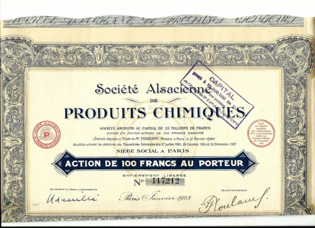 LOT de 19 ACTIONS de 100 Frs SOCIETE ALSACIENNE de PRODUITS CHIMIQUES Année 1928