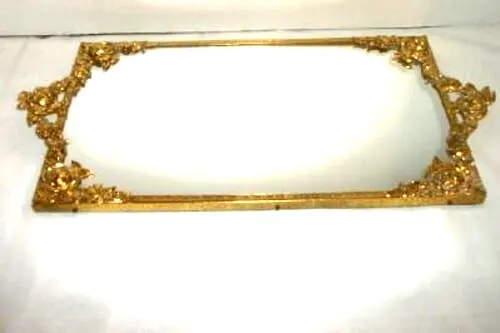 French Filigree Ormolu Roses Vanity Mirror Ornate Velvet Back Hollywood Regency