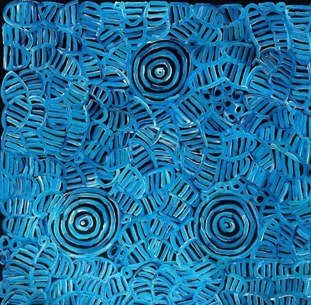 BETTY MBITJANA Aboriginal Art - Awelye - stunning  BLUE 60cm x 60 cm CoA photo