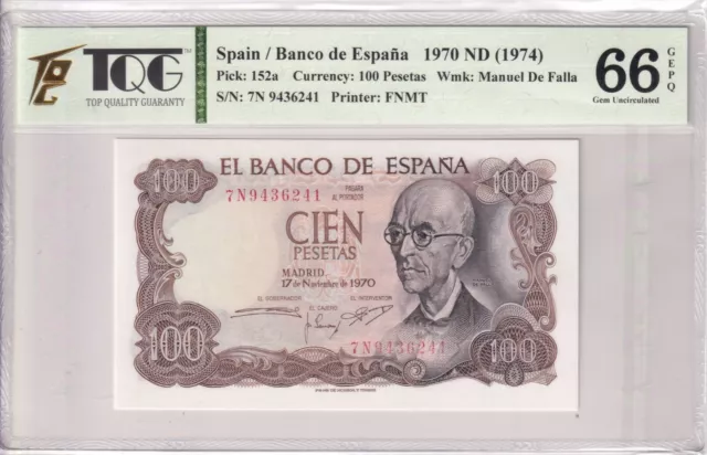 1970  Spain 100 Pesetas  Pick#152a  66 EPQ Gem UNC